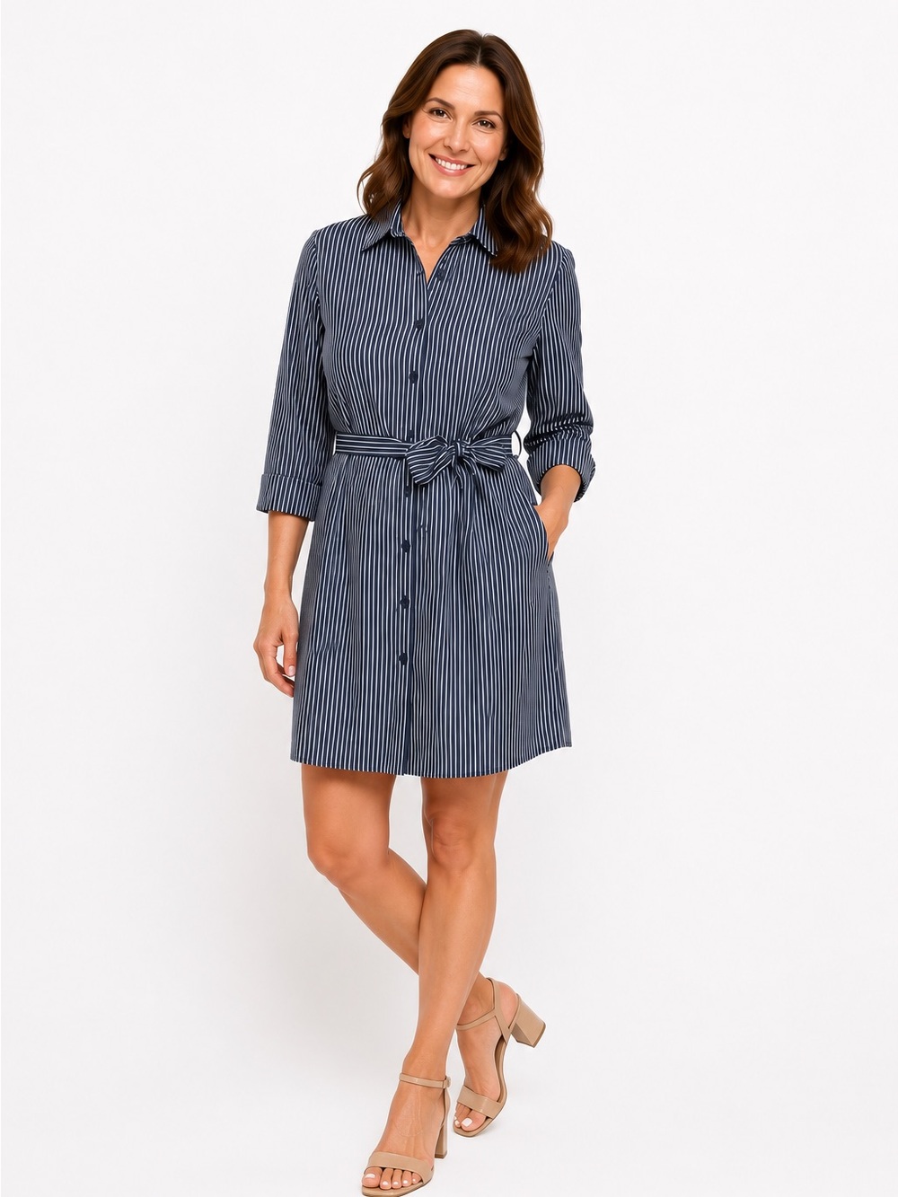 Chic Navy Striped Long Sleeve Shirtdress